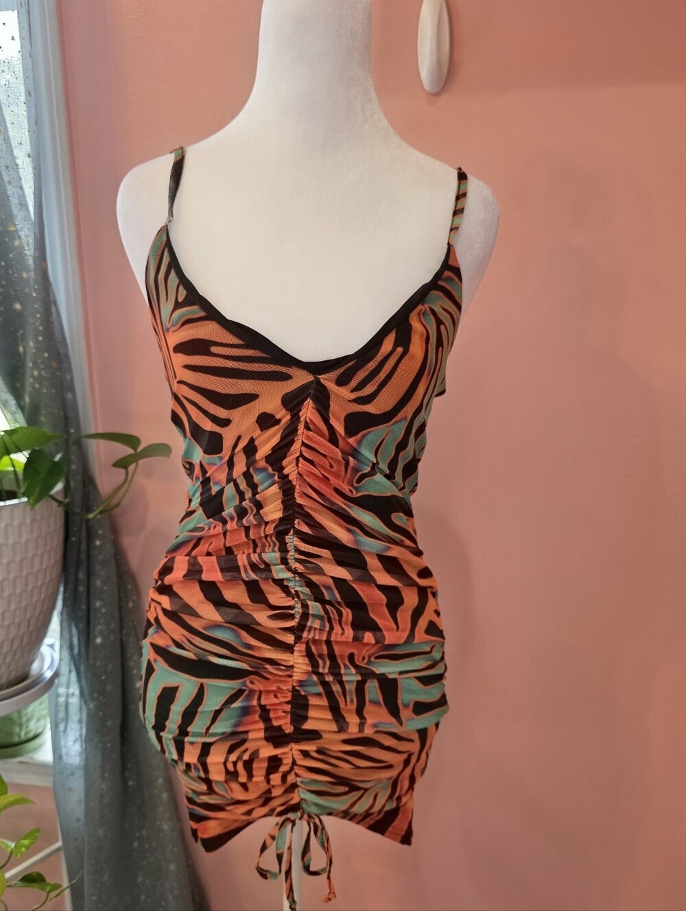 PrettyLittleThing Ruched Mesh Bodycon Mini Dress Orange Green US 4